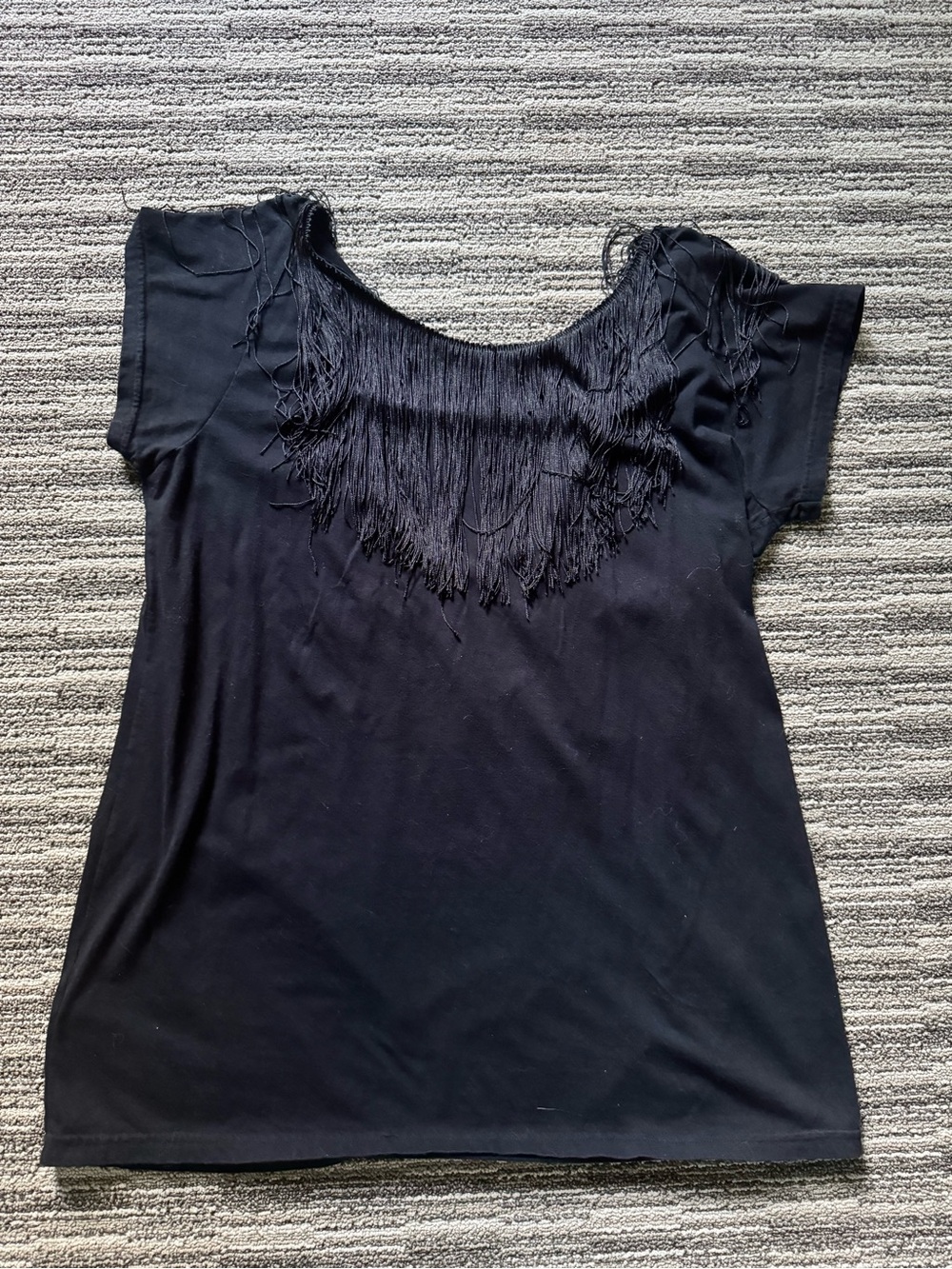 American Apparel Black Short Sleeve Fringe Scoop Neck Mini Dress